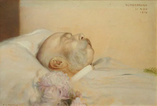 Franz von Matsch, L’imperatore Francesco Giuseppe I sul letto di morte, 1916, olio su tela (Oberes Belvedere, Vienna.