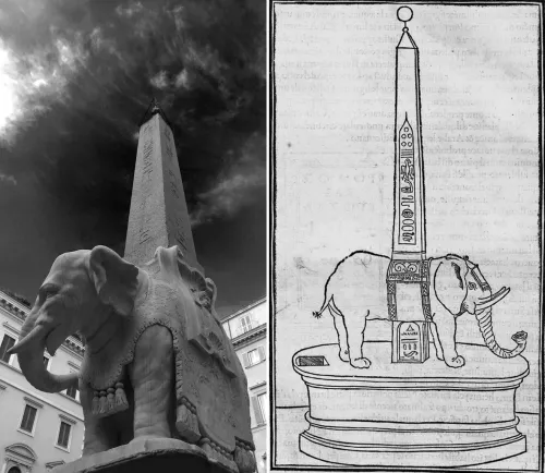Gian Lorenzo Bernini, Obelisco della Minerva, 1667. Roma piazza della Minerva – Elefante Obeliscoforo, xilografia n.12 del volume Hypnerotomachia Poliphili pubblicato a Venezia nel 1499 da Aldo Manuzio.