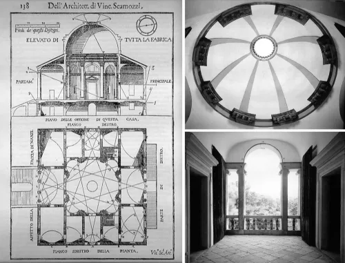 Vincenzo Scamozzi, Idea dell’Architettura universale, 1615, Venezia. Tavola del progetto per Villa Bardellini a Monfumo nella quale l’architetto indica le diverse tipologie di luce e la loro incidenza nell’architettura – Lume vivo perpendicolare che penetra dall’alto attraverso l’oculo di una cupola e lume vivo orizzontale che penetra attraverso un’apertura laterale.