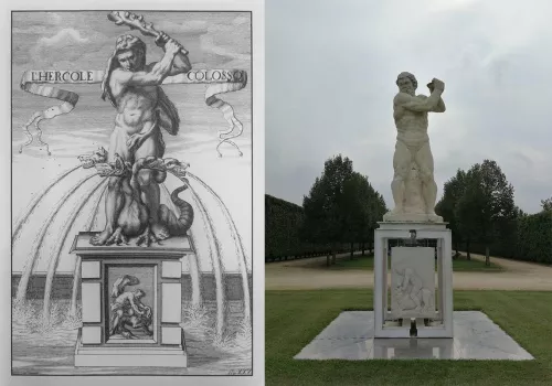 La statua di Ercole Colosso realizzata nel 1670 da Bernardo Falconi per la fontana monumentale dei Giardini riprodotta in una stampa d’epoca e una foto della stessa statua ricollocata nei Giardini di Venaria in attesa di essere posta nell'ubicazione originaria.
