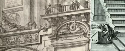 Giovan Battista Piranesi, dettaglio tratto da Porto monumentale (Opere Varie, tomo I, 1750) - Giovan Battista Piranesi, dettaglio tratto da Veduta interna di Camera del Colombario (Antichità Romane, tomo III, 1756), foto di Andrea Jemolo.