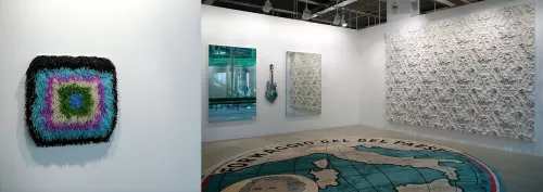 ArtBasel 40 (2009), Galleria Massimo De Carlo, Milan, stand (in primo piano Maurizio Cattelan, Il Belpaese, 1994. Alle pareti opere di Paola Pivi, John Armleder e Rudolf Stingel), foto Michele Dantini