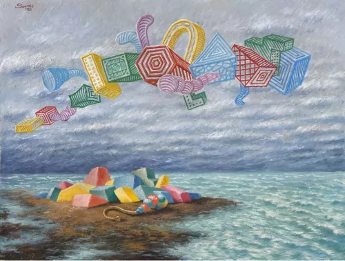 Alberto Savinio, Senza titolo, 1929. In alto: Alberto Savinio, L'isola dei giocattoli, 1930.