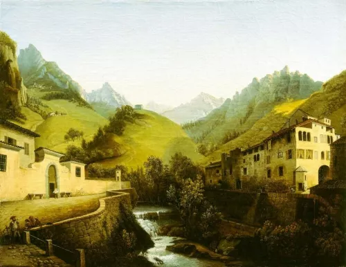 Marco Gozzi, Paesaggio montano con torrente Ogna, palazzo Moroni e una fabbrica di ferro, 1833 ca Olio su tela, 62 X 47,5 cm Milano, Gallerie di Piazza Scala