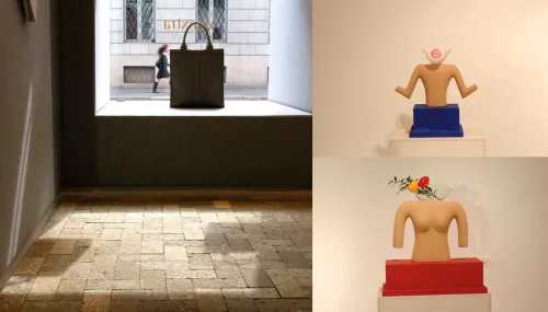 1. Martino Gamper per Valextra, via Manzoni 3. Innesti su parte del progetto originario di Pier Luigi Cerri (il rivestimento in tufo del pavimento tende a confondere interno-esterno)
2. Andrea Branzi, “CORPI”, Galleria Clio Calvi Rudi Volpi, via Pontaccio 17, Milano