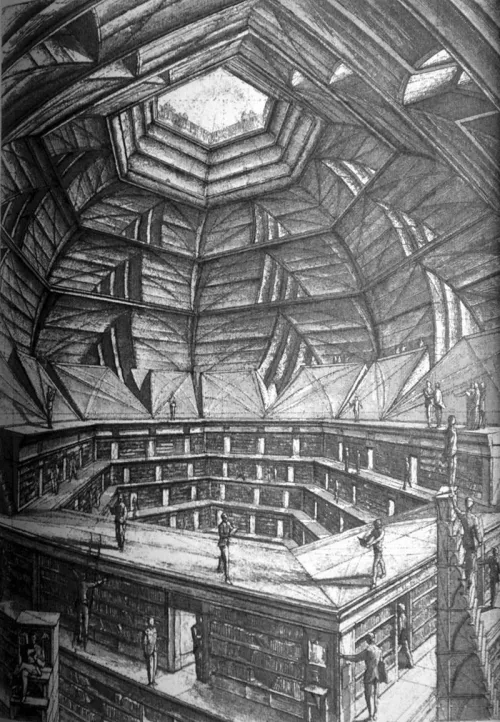Érik Desmazières, illustrazione per La biblioteca di Babele di Borges.