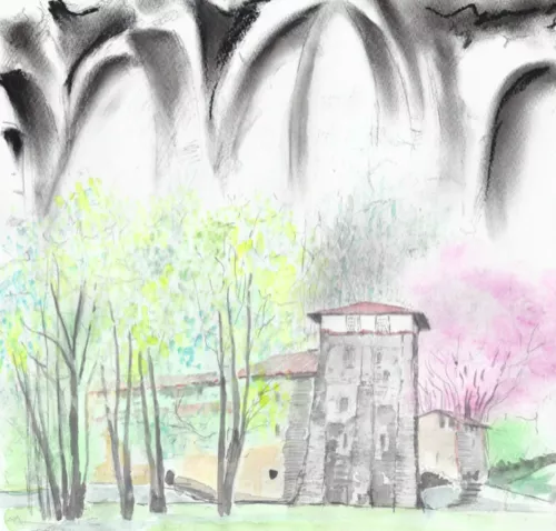 Il torrione del monastero di Torba, acquarello di Letizia Caruzzo